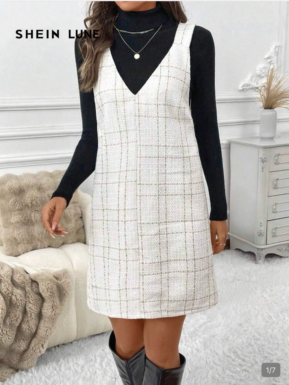 SHEIN White Plaid Tweed V-Neck Pinafore Dress